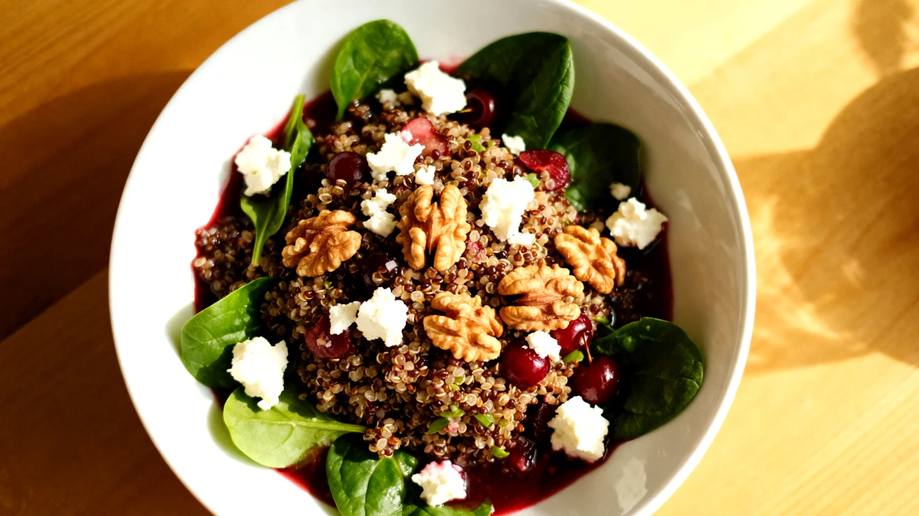 Tart Kiraz Suyu ile Hazırlanmış Kinoa Salatası (ceviz, ıspanak ve keçi peyniri ile)"