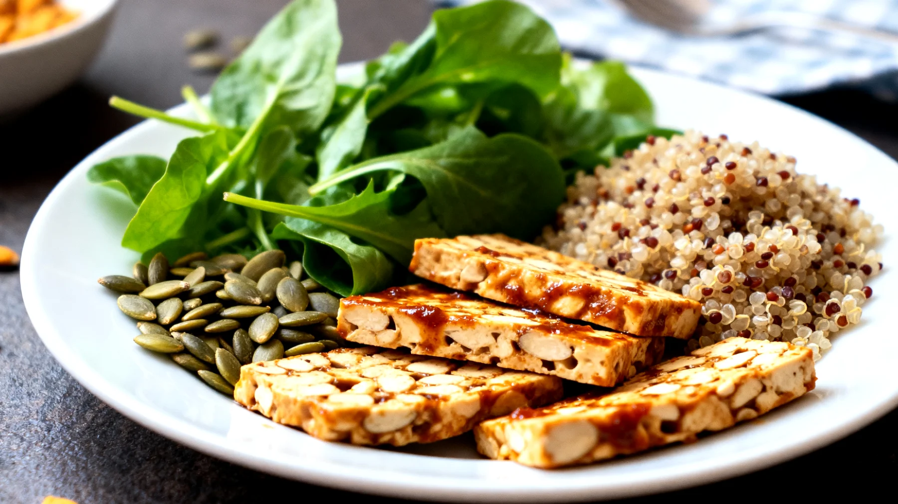 Tempeh marinato con verdure a foglia verde, quinoa e semi di zucca"