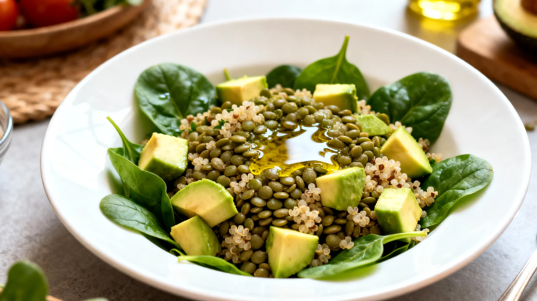 Mercimek salatası (yeşil mercimek, avokado, ıspanak, kinoa ve zeytinyağı ile)"