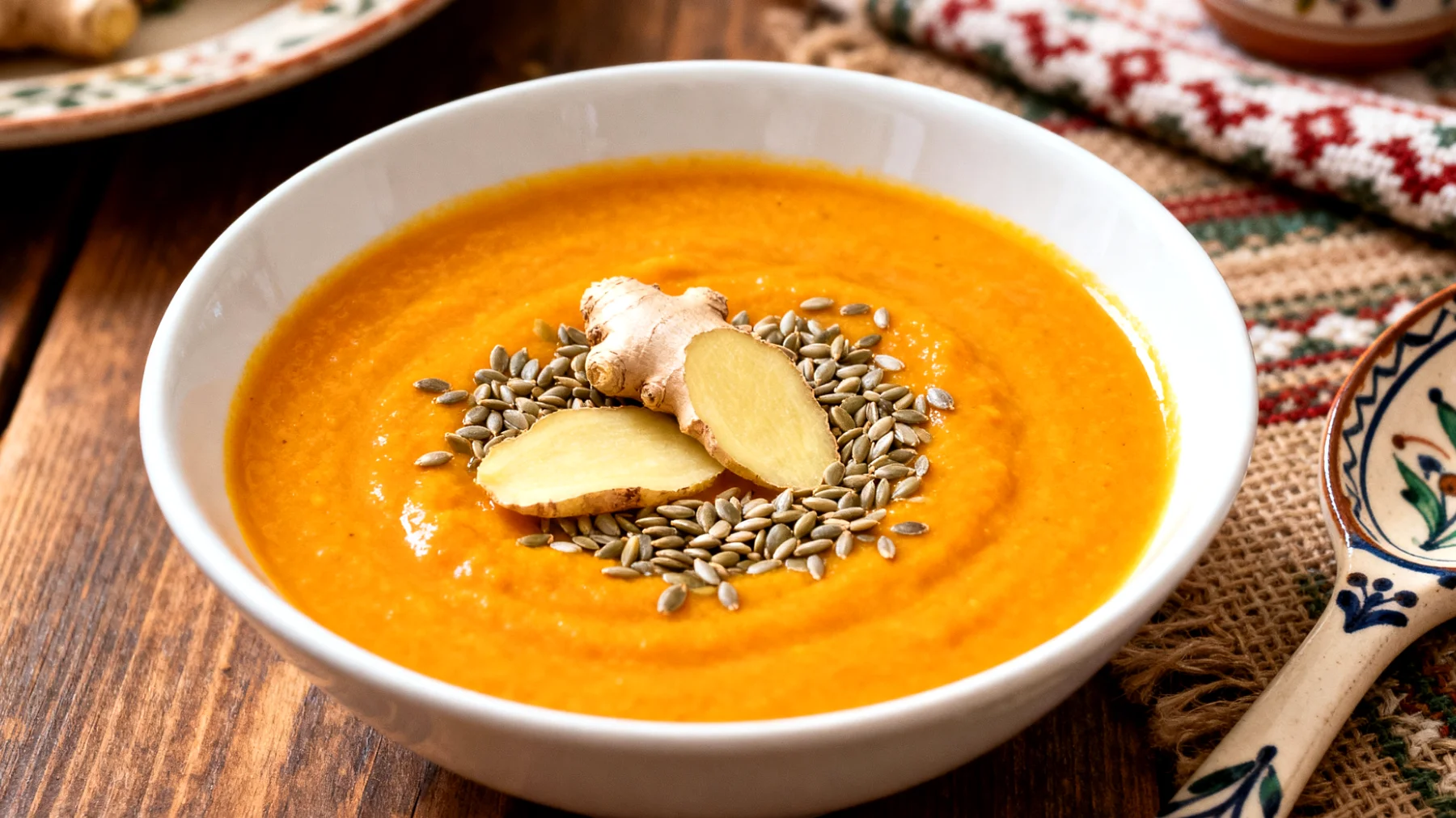 Vellutata di zucca con semi di canapa e zenzero fresco"